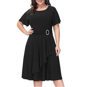 Hanna Nikole Stretchy Black Flare Short Sleeve Cascade Ruffle Cocktail Dress 24W